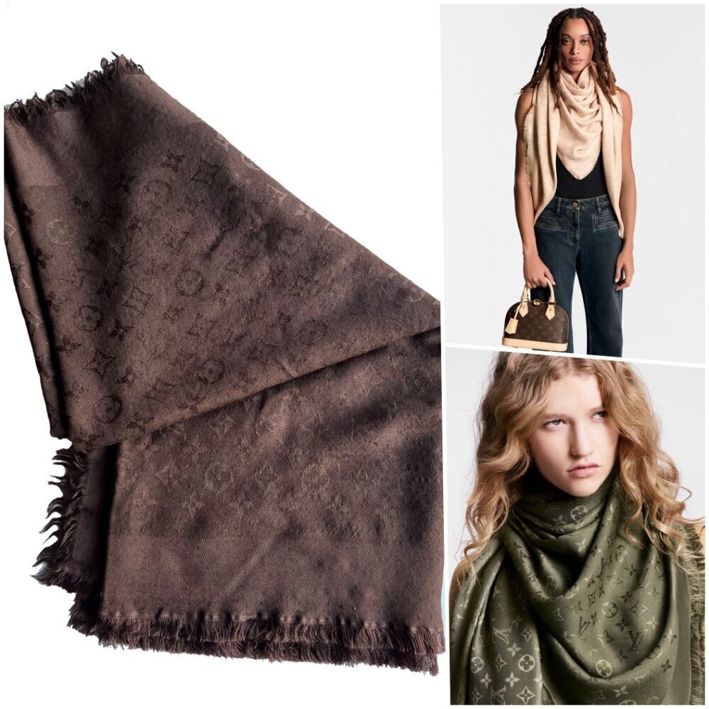 LOUIS VUITTON Oversized Monogram Blanket Shawl Brown Silk Wool Timeless Chic